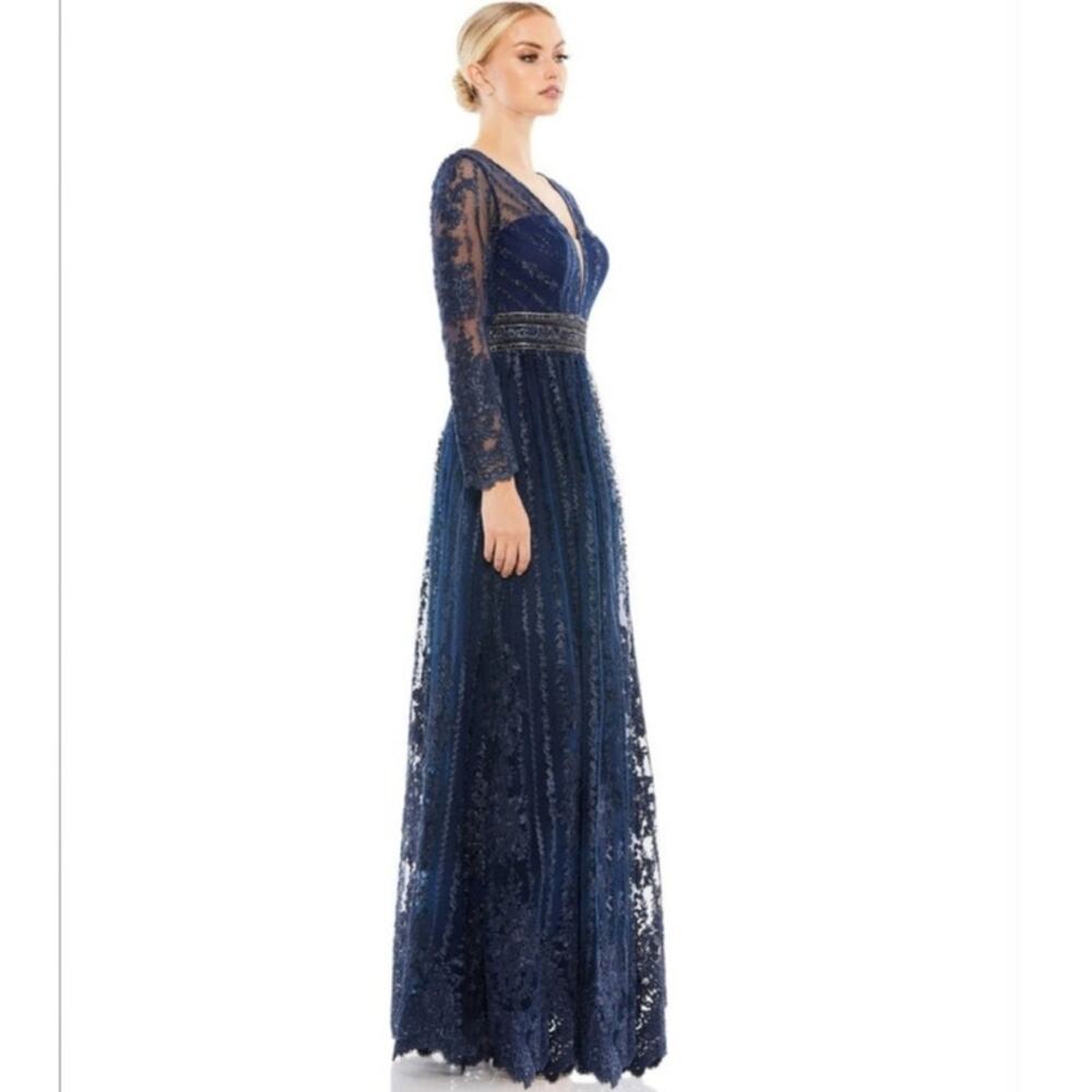 Mac Duggal 66591 Navy Blue 2 Long Sleeve Formal Embroidered Maxi Gown Dress - Picture 6 of 15